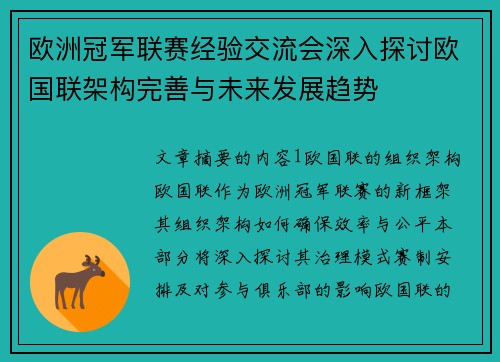 欧洲冠军联赛经验交流会深入探讨欧国联架构完善与未来发展趋势