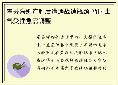 霍芬海姆连胜后遭遇战绩瓶颈 暂时士气受挫急需调整