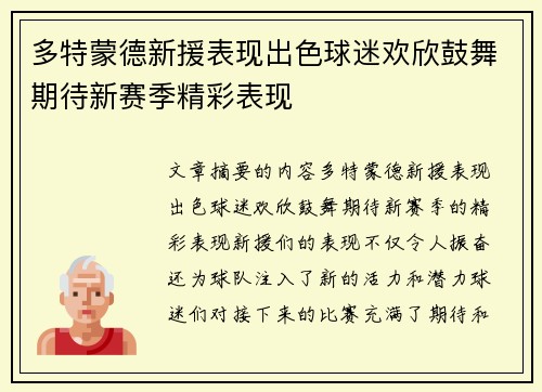 多特蒙德新援表现出色球迷欢欣鼓舞期待新赛季精彩表现